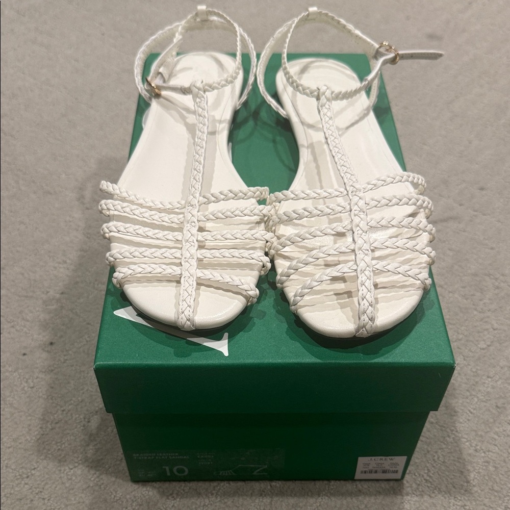 J. Crew White Braided T-Strap Sandals with Ankle Buckle